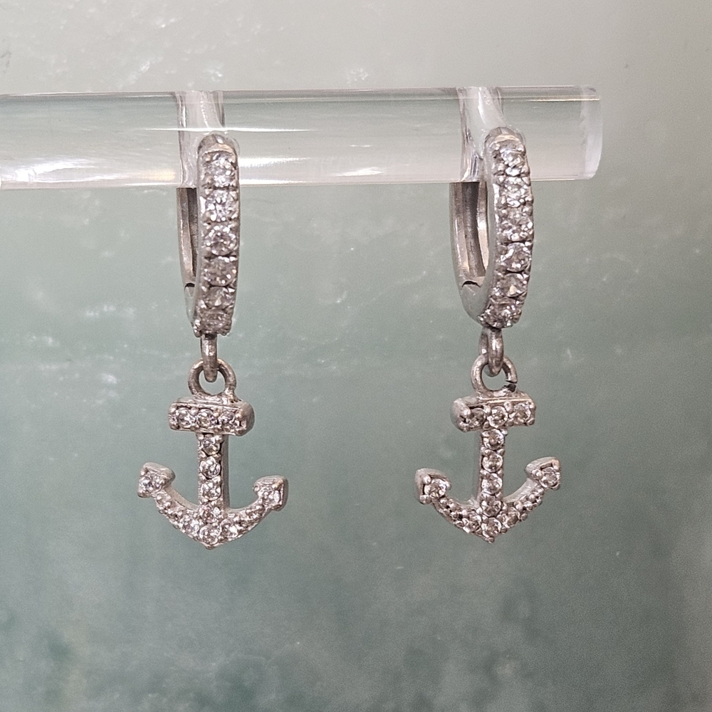 Sterling Silver Dangling Anchor Huggie Earringd 925 Cz Hoops